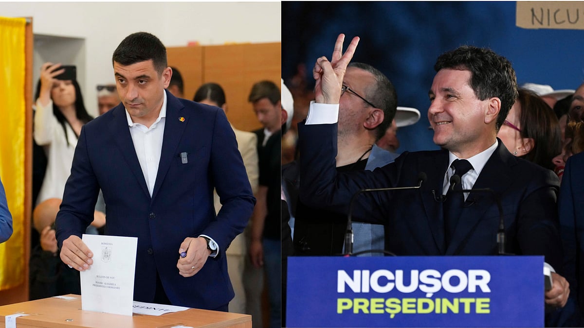 | Photo: AP : Far-Right Leader George Simion (L) to face off Bucharest Mayor Nicusor Dan (R) for the run-off vote.