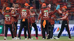 | Photo: AP/Mahesh Kumar A. : SunRisers Hyderabad players celebrate after a wicket against Delhi Capitals in IPL 2025.