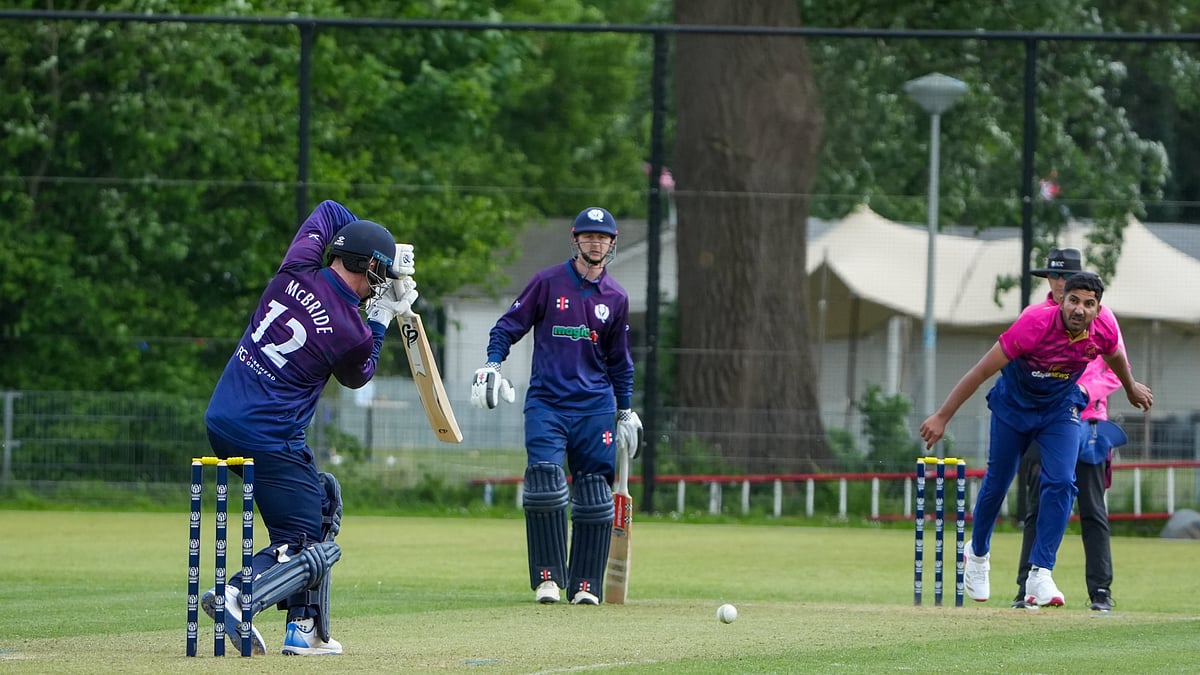 | Photo: X/CricketScotland : Scotland's Christopher McBride playing against UAE in the ICC Cricket World Cup League Two.