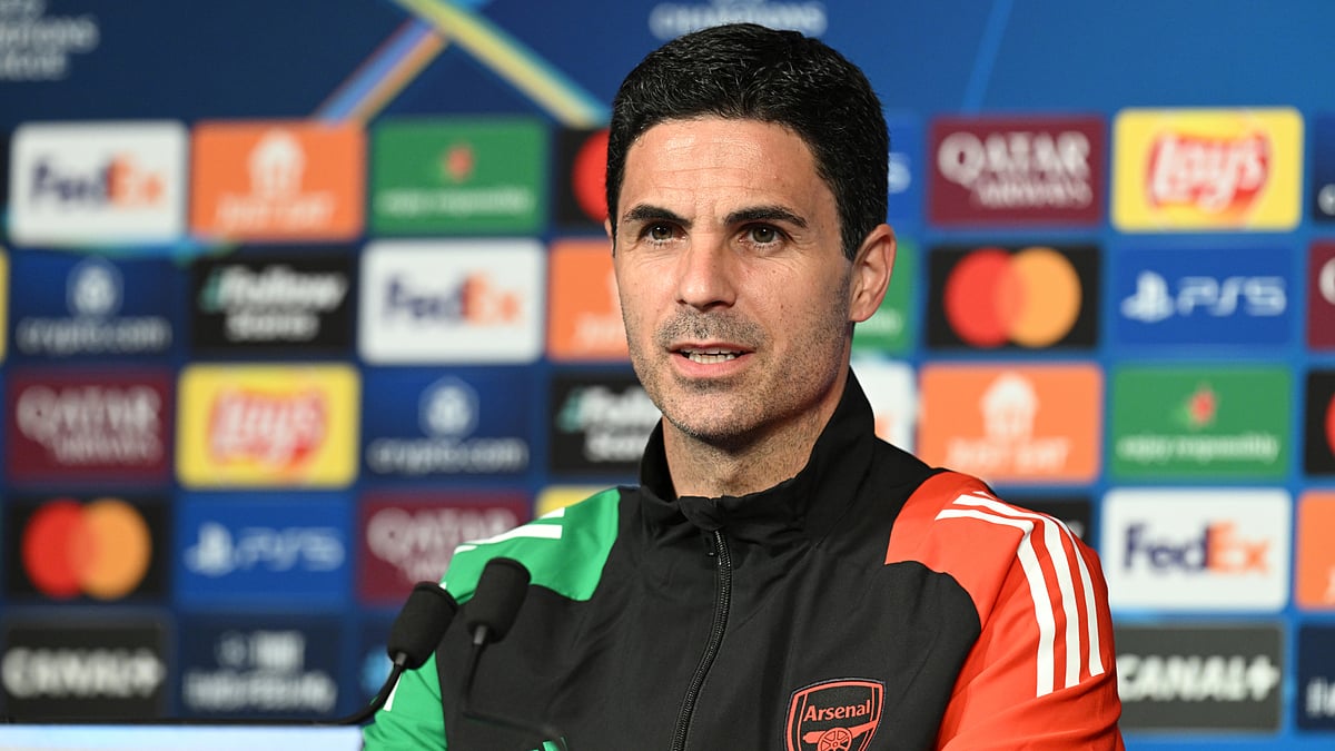 Mikel Arteta pictured at Tuesday's pre-match press conference.
