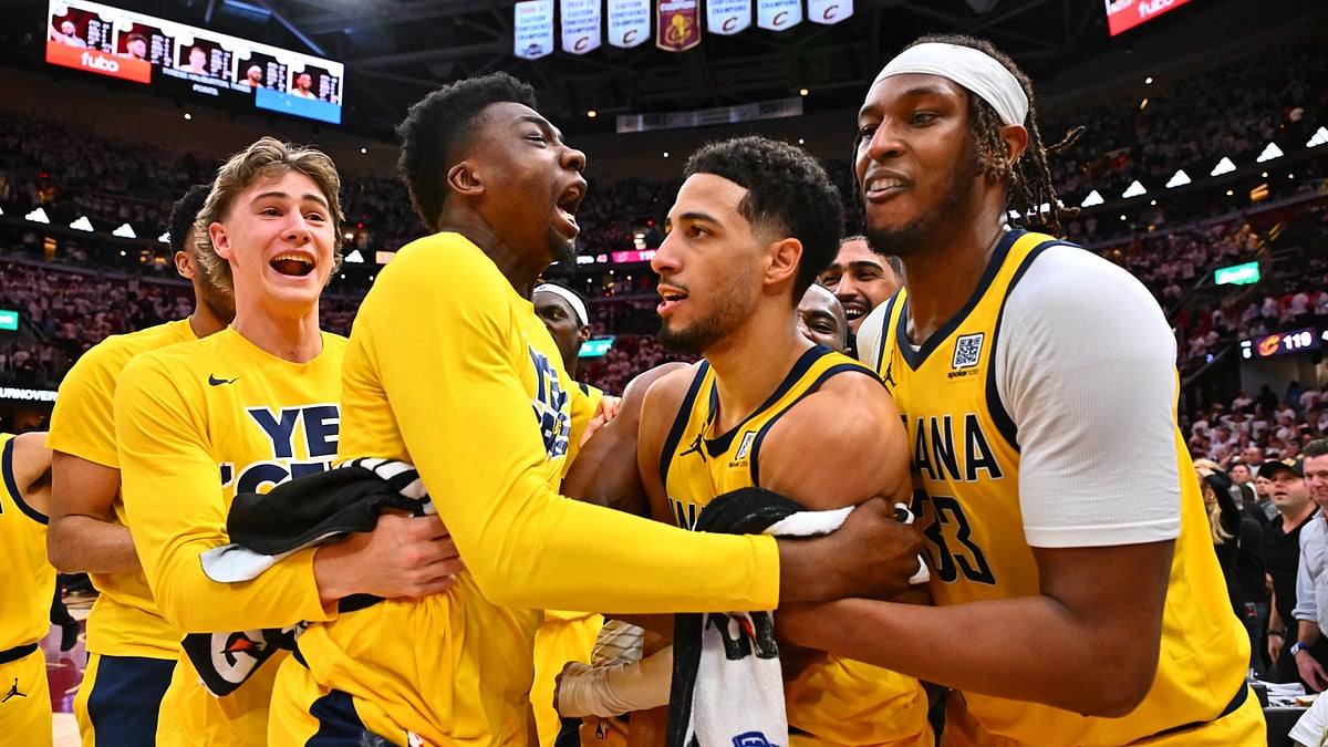 Teammates celebrate with Tyrese Haliburton #0 of the Indiana Pacers after the Pacers defeated the Cleveland Cavaliers in game two of the Eastern Conference Semifinals at Rocket Arena on May 06, 2025, in Cleveland, Ohio. The Pacers defeated the Cavaliers 120-119.
