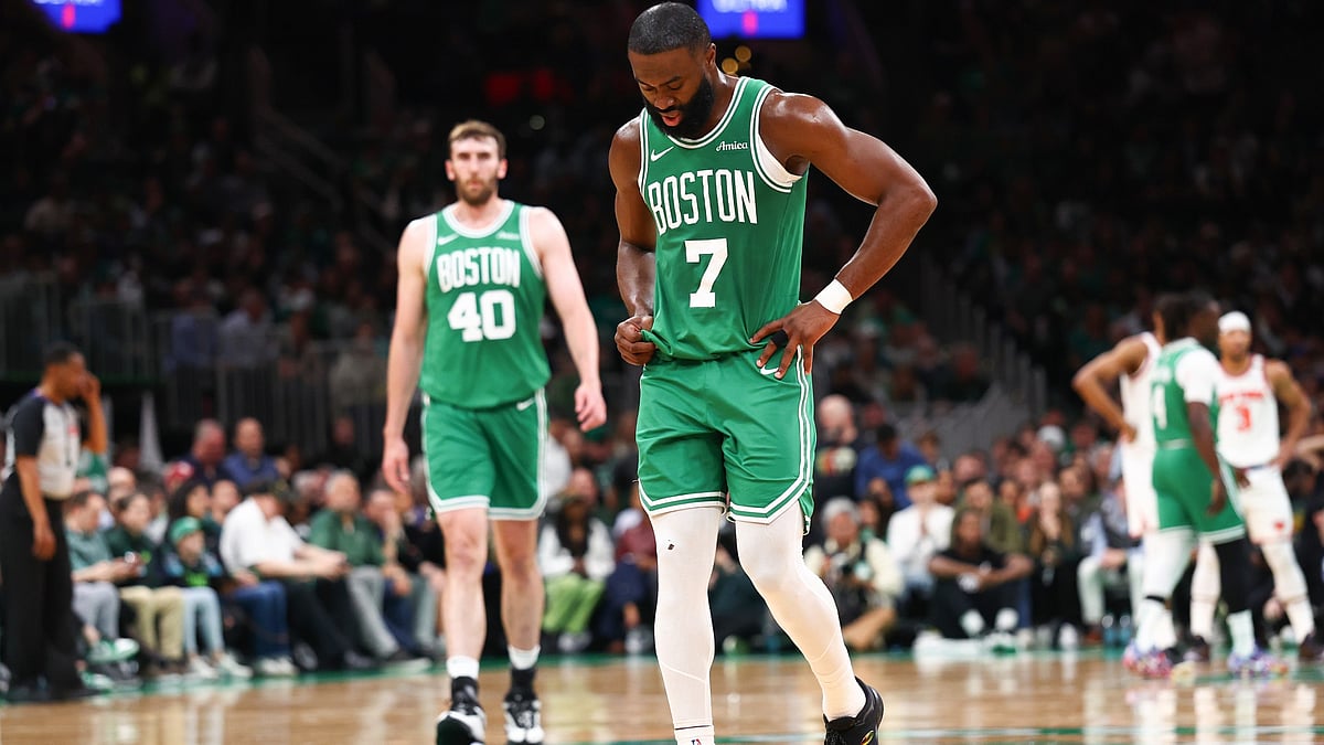 Jaylen Brown looks down during Boston Celtics' defeat to the New York Knicks, which leaves them 2-0 down in the NBA playoffs.