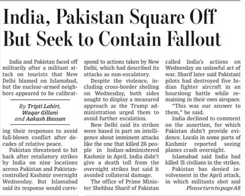 India, Pakistan Square Off But Seek to Contain Fallout: The Wall Street Journal