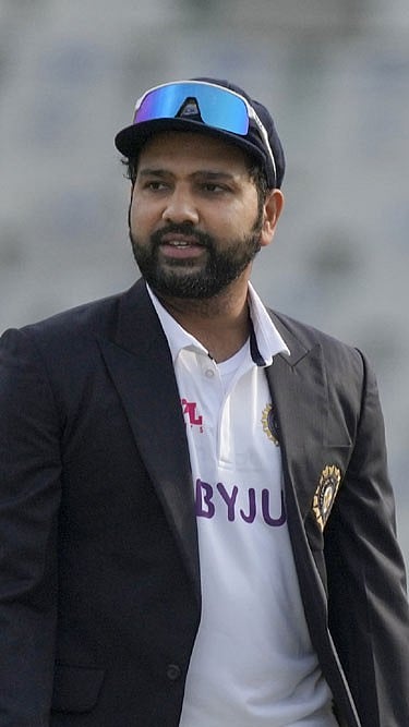 India captain Rohit Sharma at the toss ahead of a Test match against Sri Lanka. File Photo