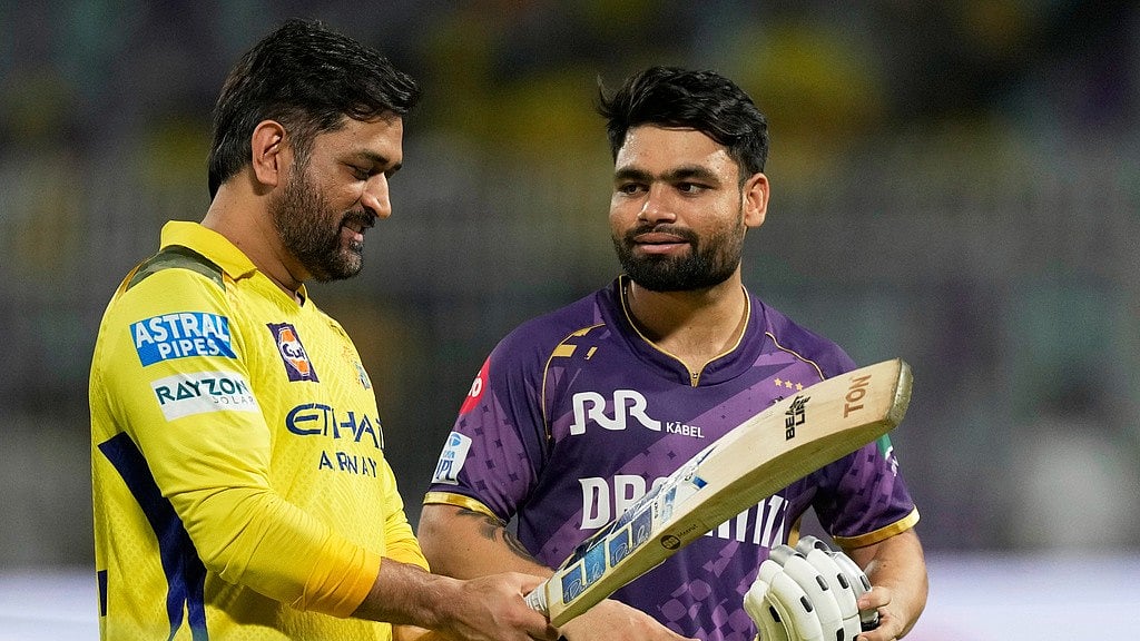 AP/Bikas Das : MS Dhoni and Rinku Singh during CSK vs KKR match  in IPL 2025