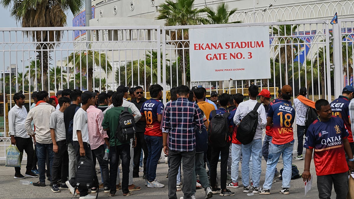 (AP Photo) : Fans gather outside Atal Bihari Vajpayee Ekana Cricket Stadium after organizers suspended the Indian Premier League for one week following the escalating military tensions with Pakistan, in Lucknow, India, Friday, May 9, 2025.