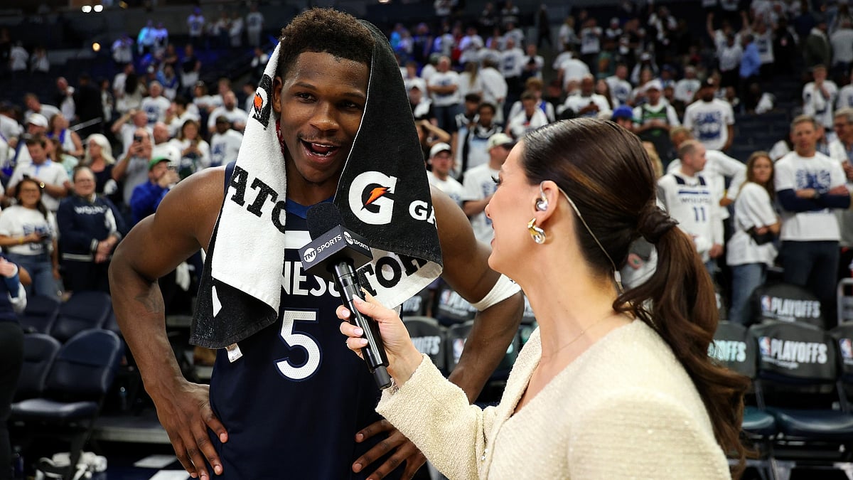 Anthony Edwards is interviewed after the game as the Minnesota Timberwolves defeat the Golden State Warriors.