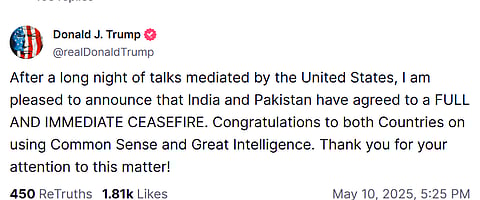 India and Pakistan have agreed to a FULL AND IMMEDIATE CEASEFIRE, says US President Trump