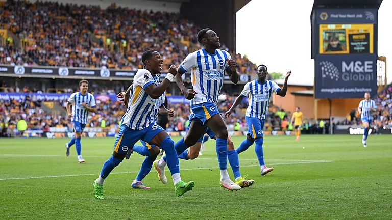 Brighton celebrate Welbeck's opener at Molineux. - null
