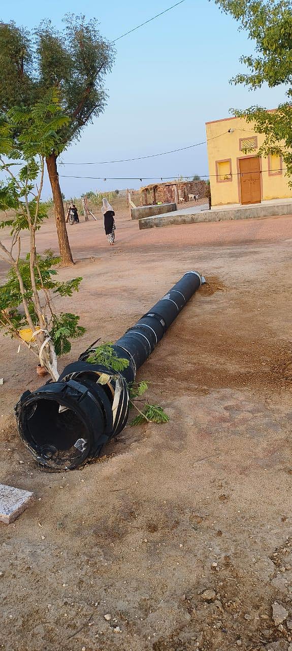 Debris of a fallen missile-like structure found in Jaimla Village in Pokhran on Saturday morning. 