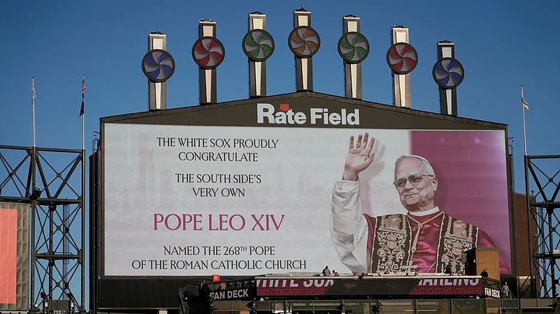 The Chicago White Sox honors Pope Leo XIV on the scoreboard before a baseball game