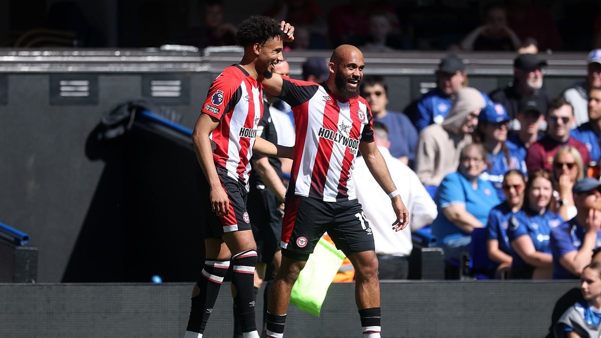 Kevin Schade and Bryan Mbeumo celebrate against Ipswich Town.