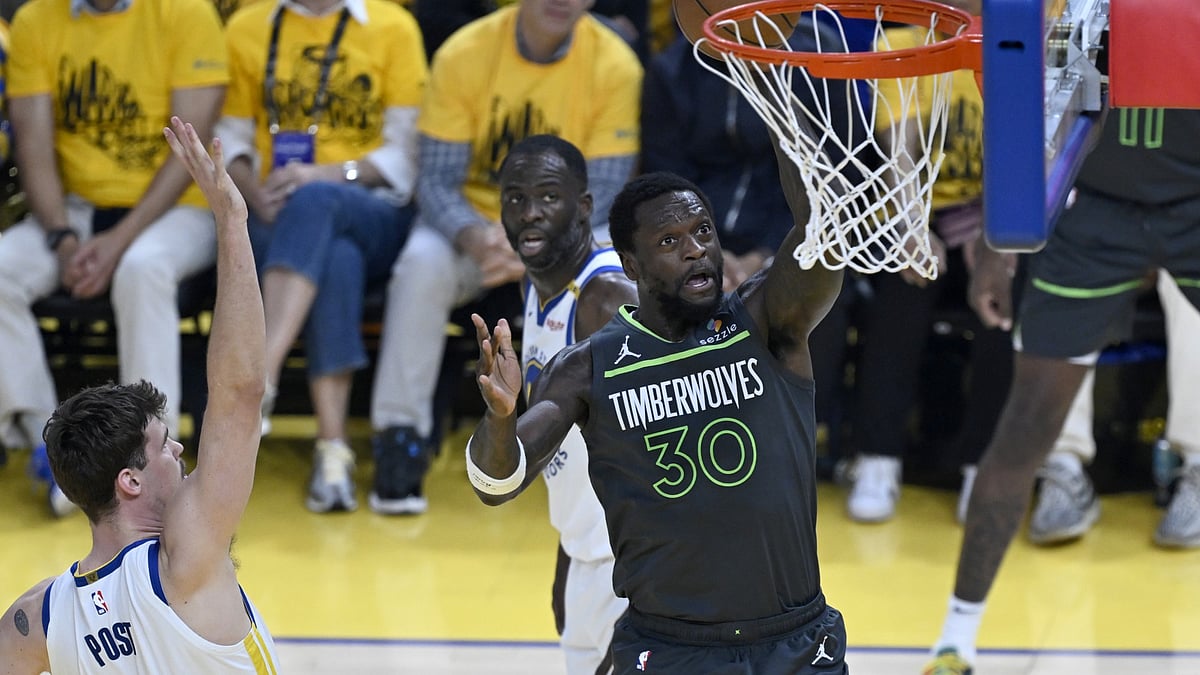 Julius Randle (30) of Timberwolves in action against Quinten Post (21) of Warriors during NBA Playoffs game 3 between Minnesota Timberwolves and Golden State Warriors at Chase Center on May 10, 2025 in San Francisco, California, United States