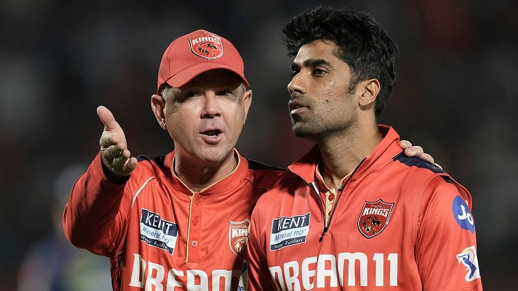 AP : Punjab Kings' coach Ricky Ponting, left, chats with Shashank Singh during an Indian Premier League match against Lucknow Super Giants.