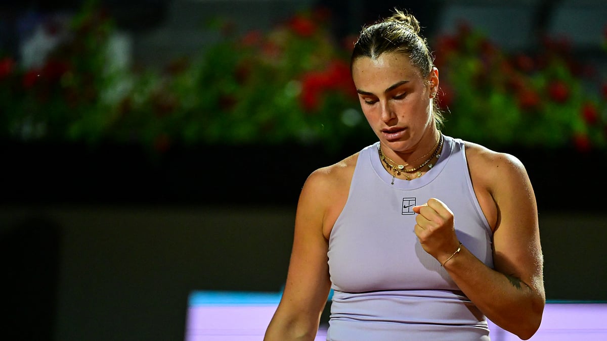 Aryna Sabalenka celebrates Monday's straight-sets win in Rome