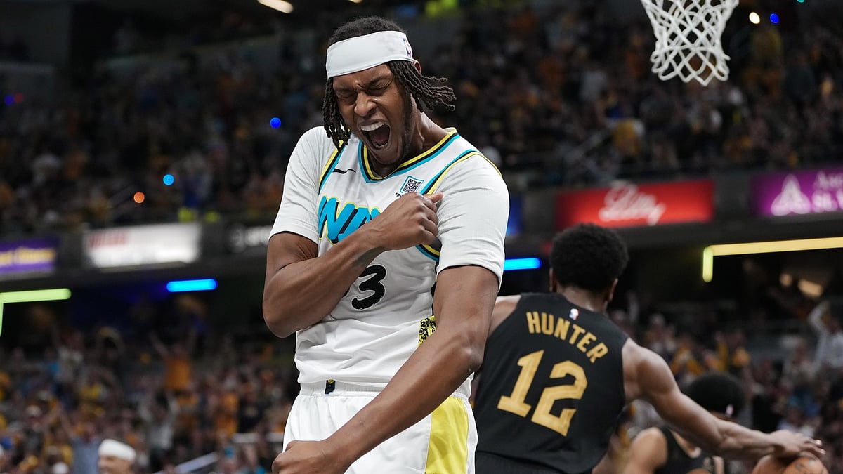 Indiana Pacers center Myles Turner celebrates during Game 4 of his team's 2025 NBA Playoffs series vs. the Cleveland Cavaliers.