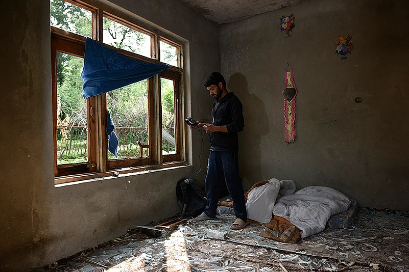 View of a house damaged in the Salamabad area of Uri