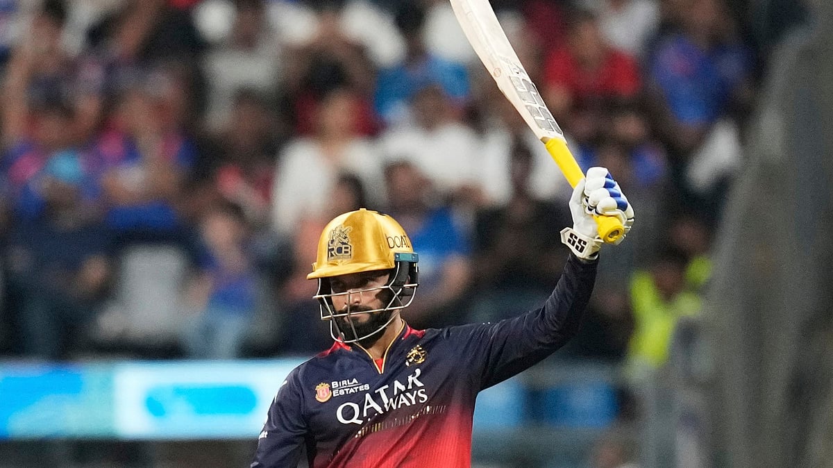 (AP Photo/Rafiq Maqbool)
 : Royal Challengers Bengaluru's captain Rajat Patidar celebrates after scoring fifty runs during the Indian Premier League cricket match between Mumbai Indians and Royal Challengers Bengaluru at Wankhede Stadium in Mumbai, India, Monday, April 7, 2025.

