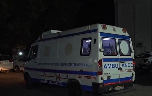 X/PTI : Ambulance carrying the injured to Dr Bhimrao Ambedkar Hospital in Raipur