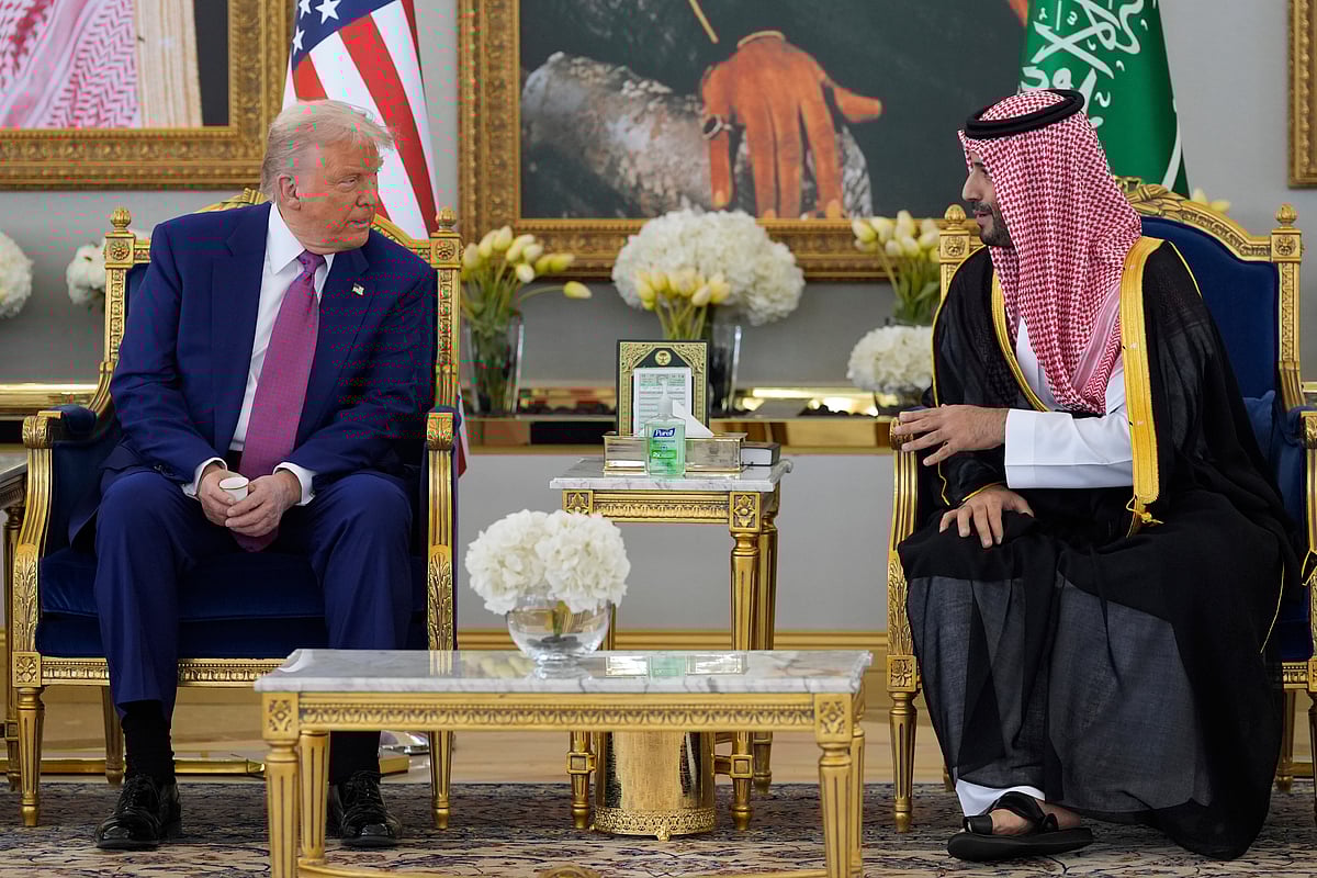 AP Photo/Alex Brandon : President Donald Trump speaks with Saudi Crown Prince Mohammed bin Salman during a coffee ceremony at the Royal Terminal of King Khalid International Airport in Riyadh, Saudi Arabia, Tuesday, May 13, 2025. 