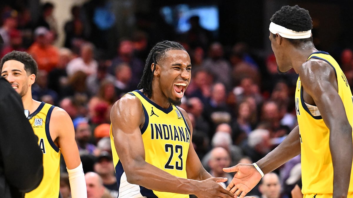 Aaron Nesmith #23 of the Indiana Pacers celebrates with Pascal Siakam #43 against the Cleveland Cavaliers during the fourth quarter in Game Five of the Eastern Conference Second Round NBA Playoffs at Rocket Arena on May 13, 2025 in Cleveland, Ohio.