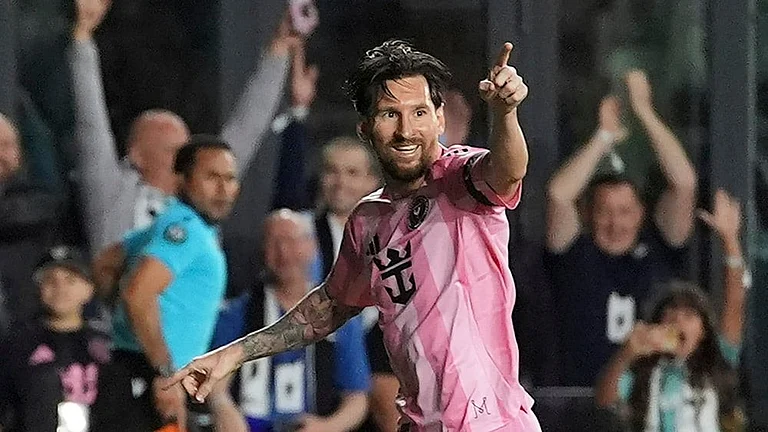 CONCACAF Champions Cup: Inter Miami forward Lionel Messi celebrates scoring his side's first goal  - | Photo: AP/Rebecca Blackwell