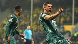 Micky van de Ven (R) pictured during Tottenham's win over Bodo/Glimt in the Europa League semi-finals