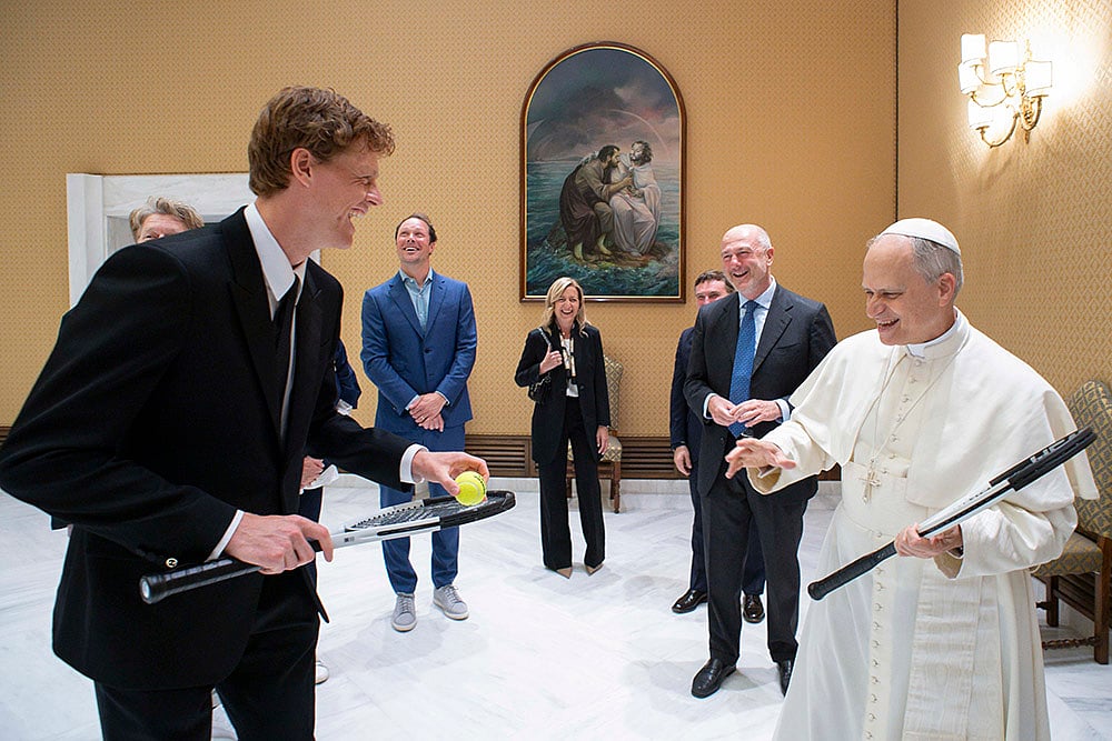 | Photo: Vatican Media via AP : Italian Open Tennis: Jannik Sinner and Pope Leo XIV