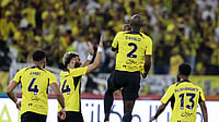 Photo: X | Al-Ittihad Club : Al-Ittihad players celebrating a goal against Al-Raed during a Saudi Pro League match.