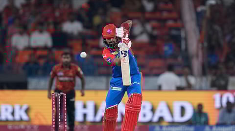 Delhi Capitals' KL Rahul plays a shot during the Indian Premier League cricket match in Hyderabad.