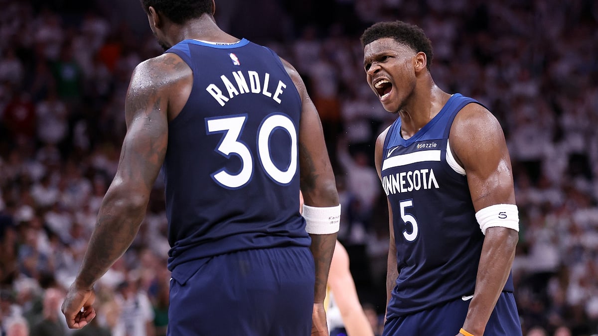 File : Minnesota Timberwolves' Anthony Edwards celebrates a basket and a foul for Julius Randle in 2nd quarter in NBA Western Conference Semifinals' Game 5 at Target Center in Minneapolis on Wednesday, May 14, 2025.