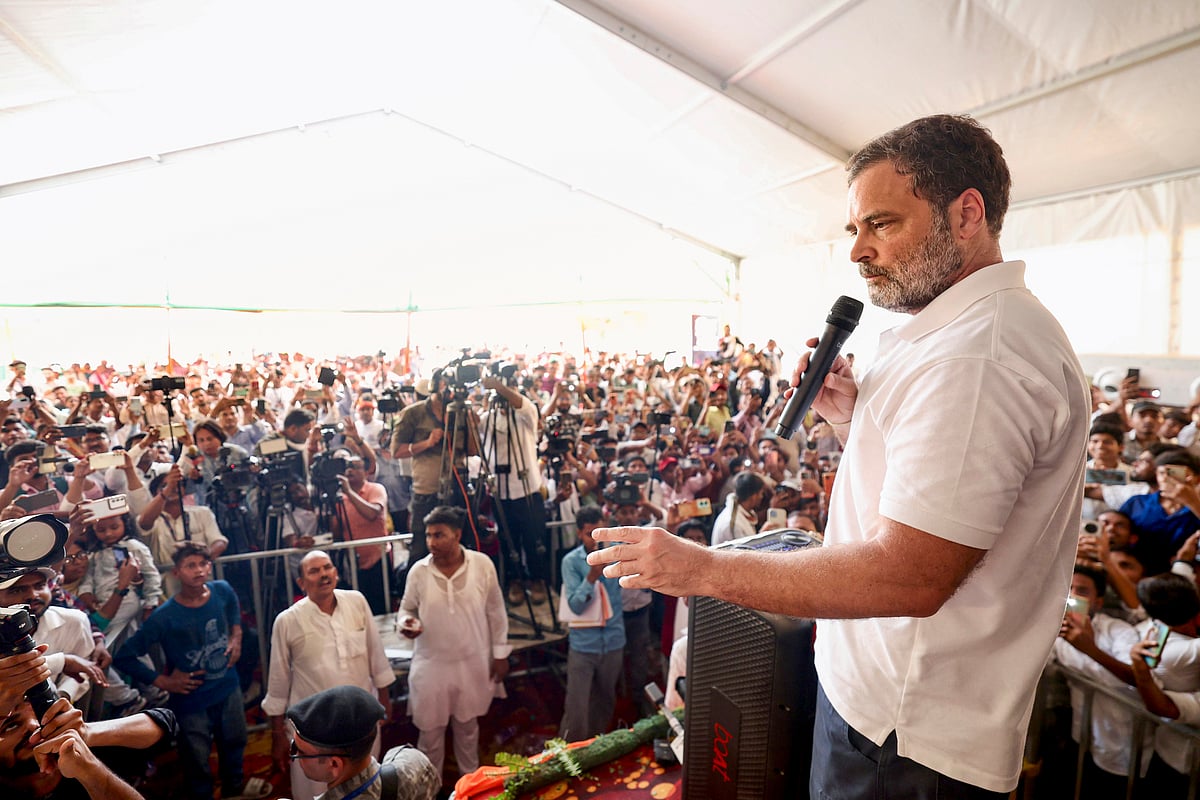 In this image released by AICC, Congress MP and Lok Sabha Leader of Opposition Rahul Gandhi addresses the Shiksha Nyay Samvad programme, in Darbhanga, Thursday, May 15, 2025.  - -PTI