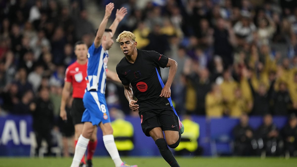 Yamal celebrates after opening the scoring against Espanyol. 