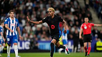 AP/Jose Breton : FC Barcelona's Lamine Yamal reacts after scoring the opener against Espanyol during their Spanish La Liga 2024-25 match at RCDE Stadium on May 15, 2025.