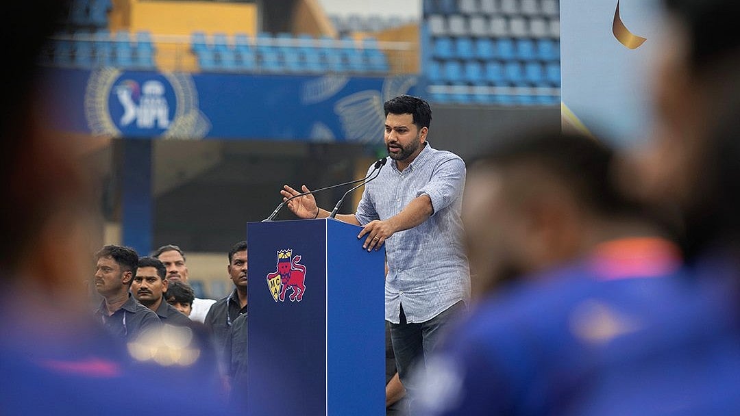 | Photo: X/mipaltan : Rohit Sharma speaking during the inaugration event of the stand named after him at Wankhede Stadium in Mumbai.