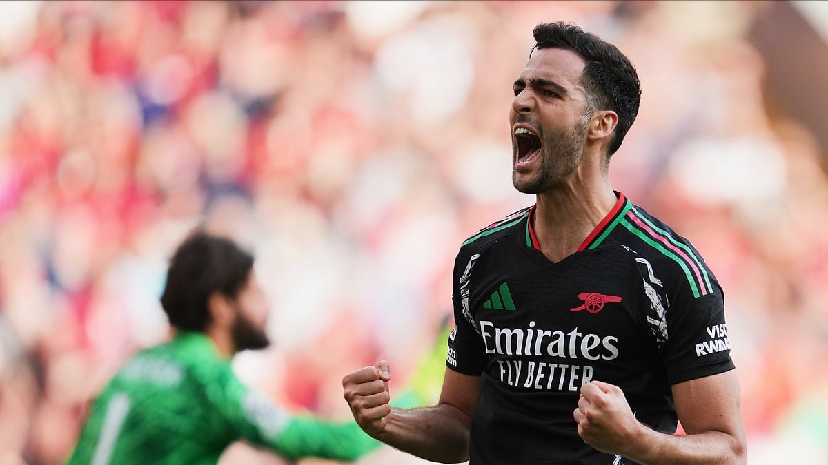 Arsenals Mikel Merino celebrates after scoring his sides second goal. AP