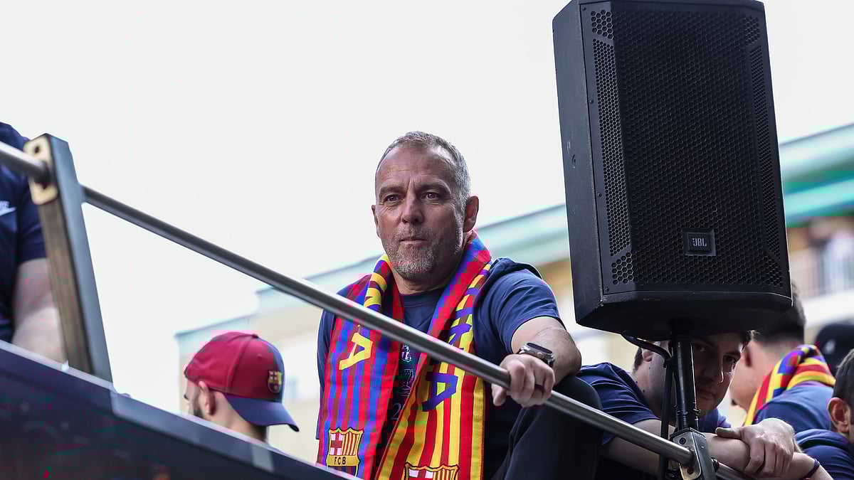 Hansi Flick during Barcelona's title celebrations