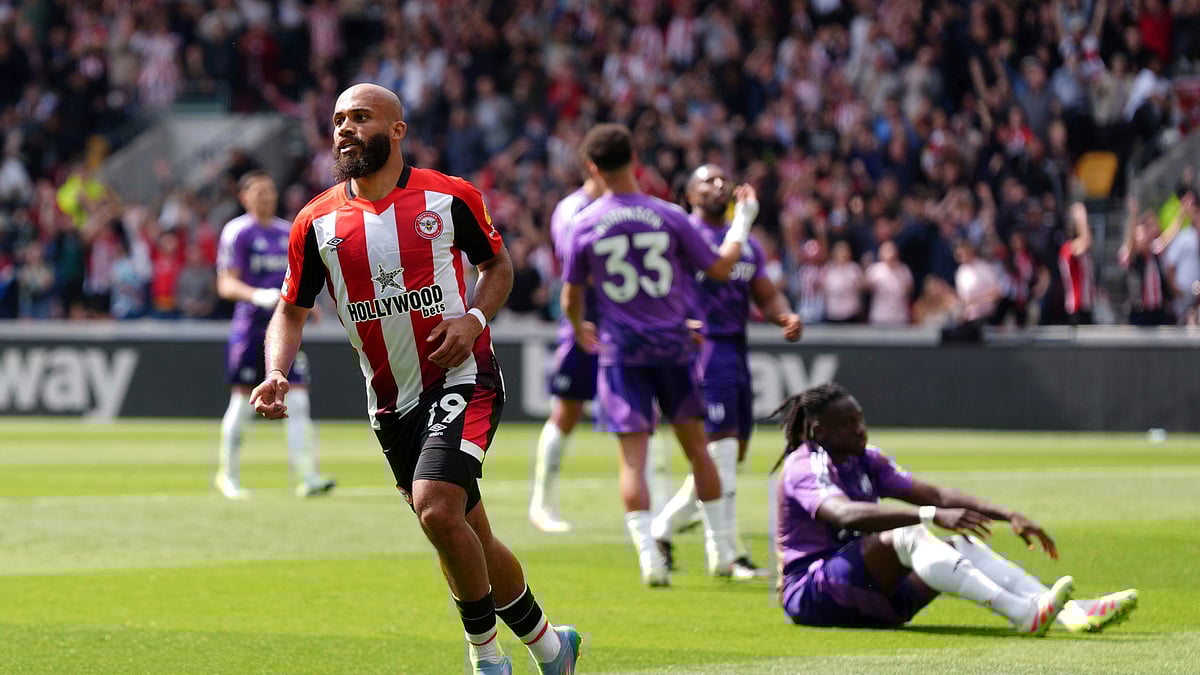 Brentfords Bryan Mbeumo celebrates scoring his sides first goal. AP