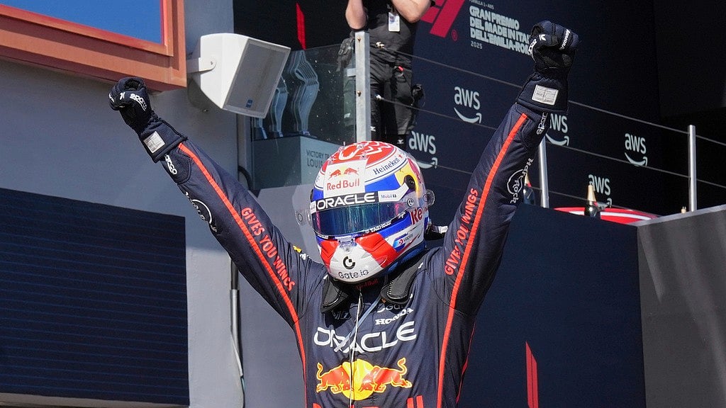 AP/Antonio Calanni : Red Bull driver Max Verstappen of the Netherlands celebrates winning the Italy's Emilia Romagna Formula One Grand Prix, in Imola, Italy, Sunday, May 18, 2025.