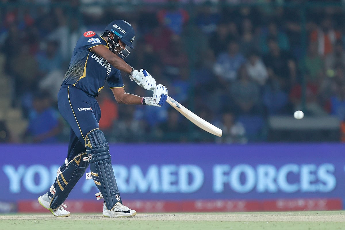 | Photo: X/IPL : Gujarat Titans batter Sai Sudharsan plays a shot against Delhi Capitals