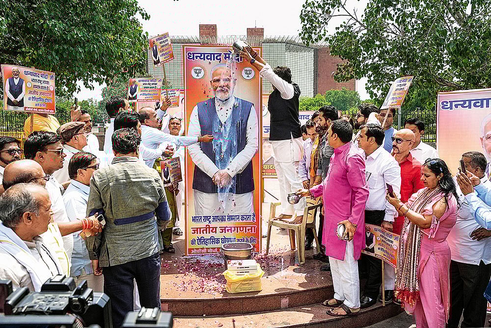 Drumming up Support: Members of BJP’s OBC Morcha celebrate the centre’s decision to include caste enumeration in the upcoming census in New Delhi on May 6, 2025 - | Photo: PTI