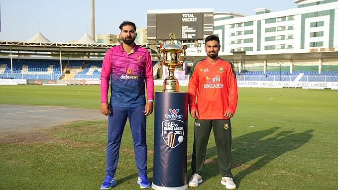 UAE captain Muhammad Waseem on left with Bangladesh skipper Litton Das.