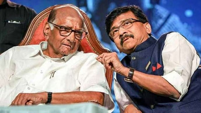 PTI : NCP (SP) chief Sharad Pawar (L) with Shiv Sena (UBT) MP Sanjay Raut (R)