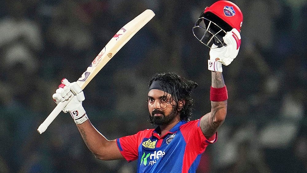 | Photo: AP/Manish Swarup : KL Rahul celebrates his century in Delhi Capitals vs Gujarat Titans 