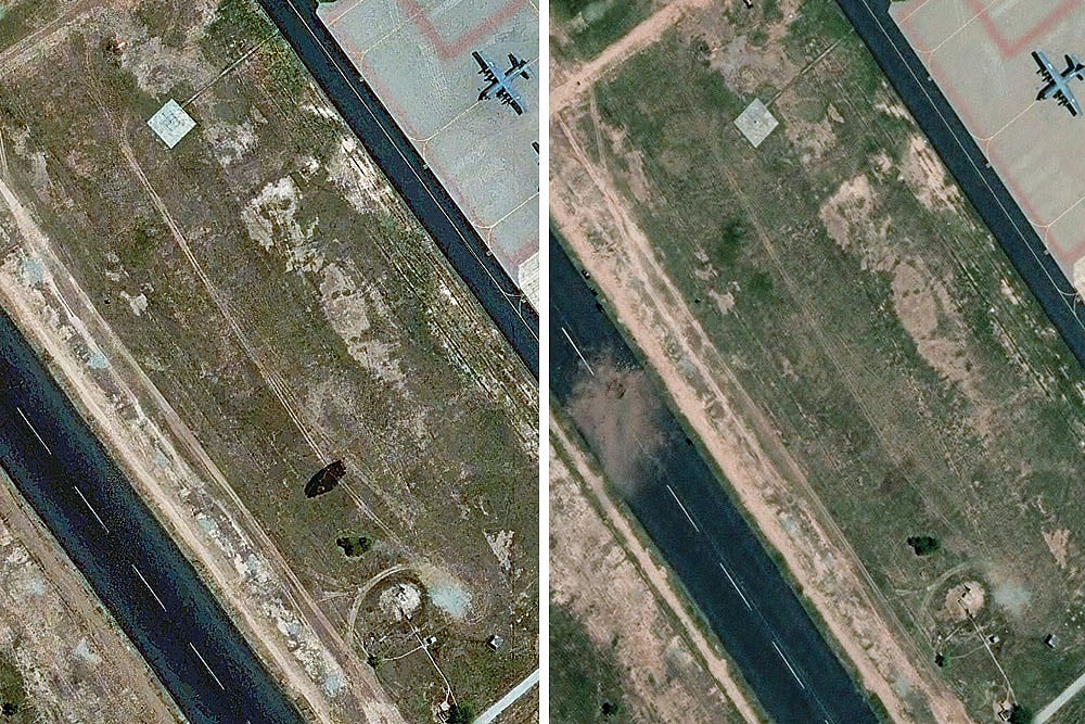 | Photo: AP : Before and After: A satellite image shows the damaged runway at PAF Base Mushaf in Sargodha, Pakistan