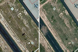 | Photo: AP : Before and After: A satellite image shows the damaged runway at PAF Base Mushaf in Sargodha, Pakistan