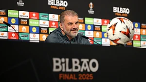 File : Ange Postecoglou speaks to reporters ahead of the Europa League final