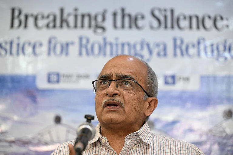 Indian lawyer Prashant Bhushan addresses a press conference at the Press Club of India, in New Delhi on May 19, 2025.  - SAJJAD HUSSAIN/AFP via Getty Images