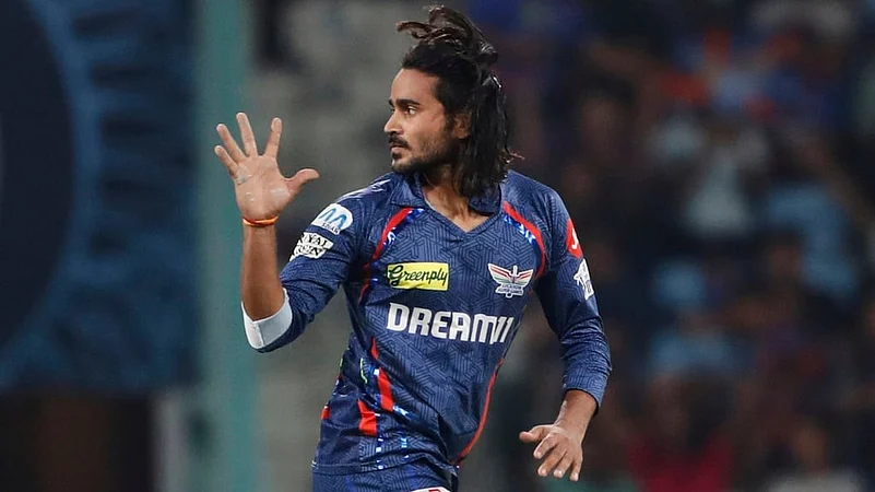 Digvesh Rathi celebrates the dismissal of Abhishek Sharma