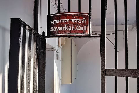 A board marks the cell where V.D. Savarkar was imprisoned